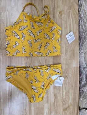 Amazon Essentials Girls' Tankini Set, Golden Yellow Beige Leopard, Medium